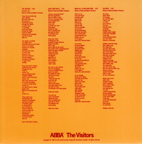 inner sleeve front, Abba - The Visitors +4
